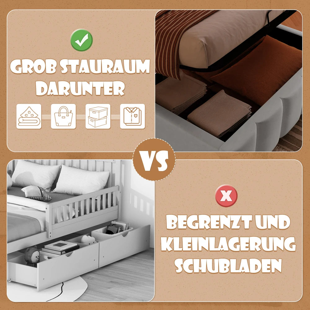 Modernes Polsterbett, 90 x 200 cm, ohne Matratze, LED-Beleuchtung, mit hydraulischem Gerät, verstellbarer Kopfteil, Samt, Grau