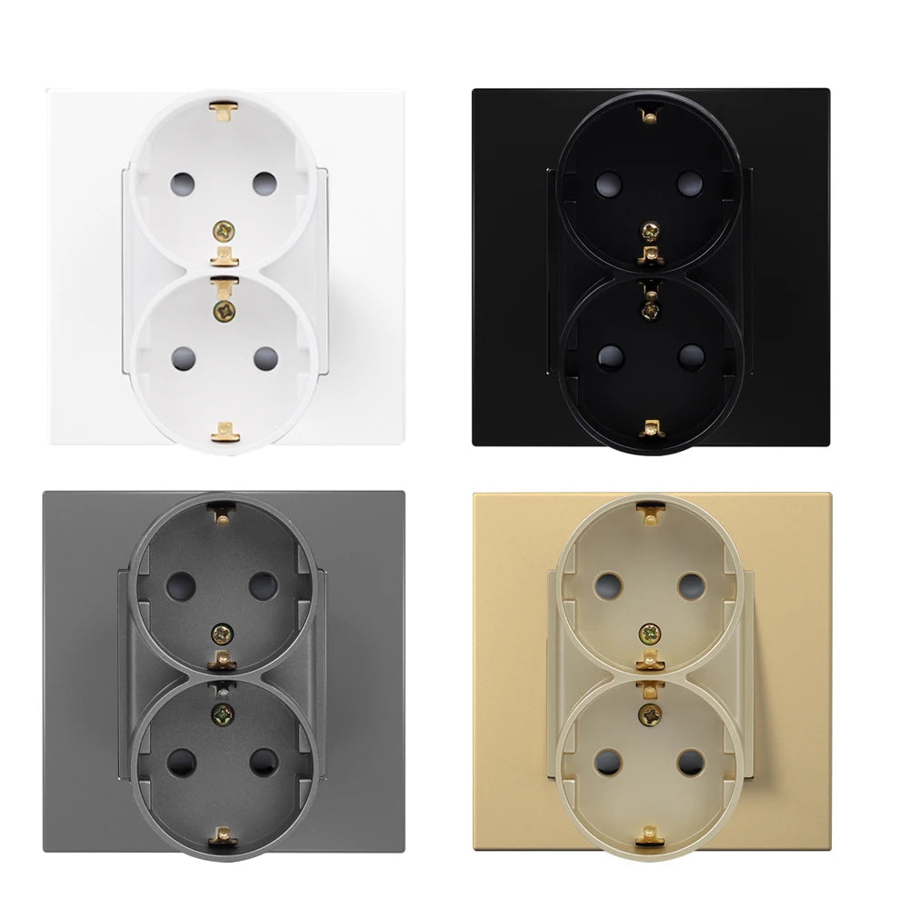 EU-Wand-Doppelsteckdosen, 110–250 V, 16 A, Dual-Steckdosen für Zuhause, Büro, elektrischer Stecker, 86 mm, Kunststoffplatte, Weiß, Schwarz, Grau, Gold.