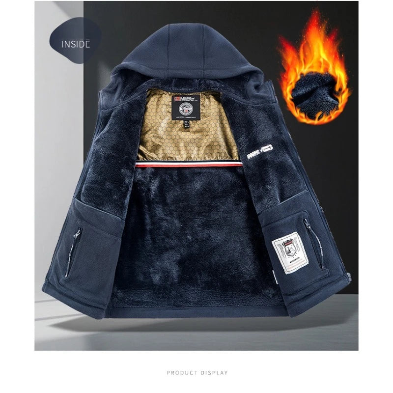 CHUJIE Men's autumn and winter fleece fashion graphenewarm hooded jacket outdoor hiking sports with thick fleece cardigan jacket.