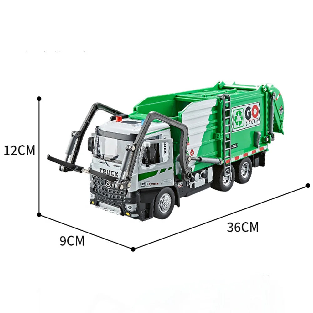 1:18 Electric Sanitation Garbage Truck Toy Cars Model Alloy Water Tanker Diecast Light Sound Vehicle Children's Educational Toys.