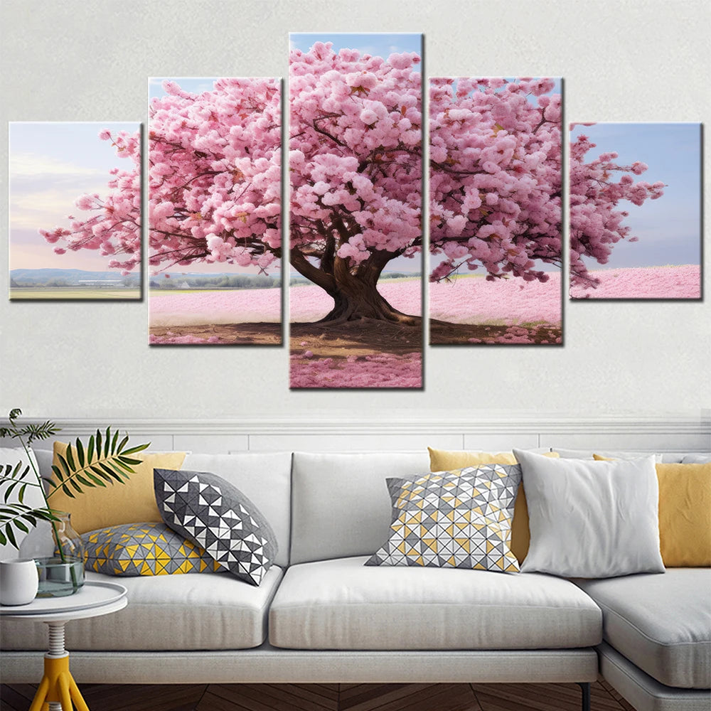 5 Pieces Modular Wall Art Home Decor Canvas Paintings for Interior Pink Tree Flower Picture Modern Room Decoration Framework.