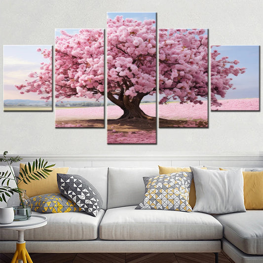 5 Pieces Modular Wall Art Home Decor Canvas Paintings for Interior Pink Tree Flower Picture Modern Room Decoration Framework.