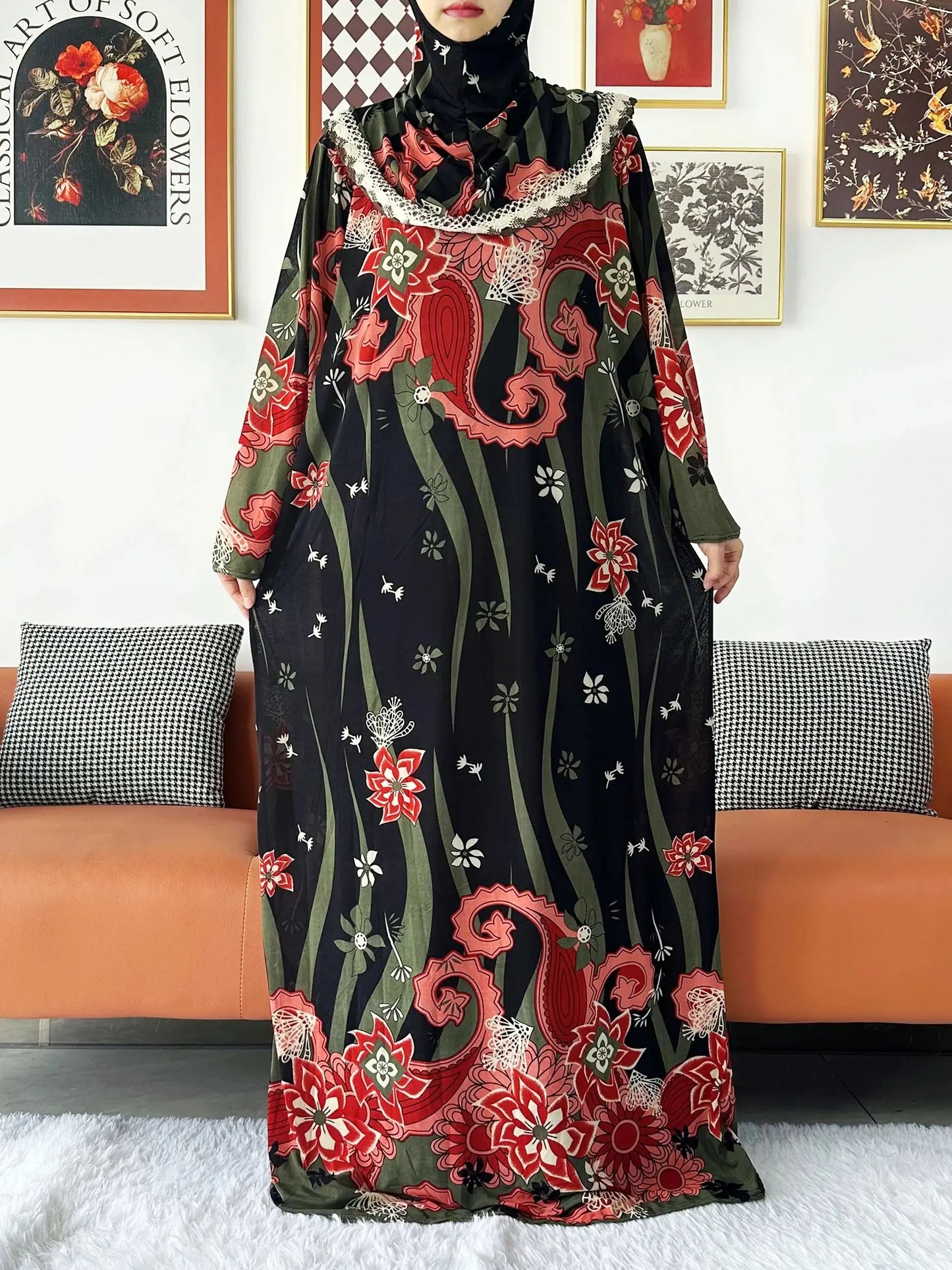 2023 Muslim Solid Cotton Abaya For Women Ramadan Prayer Garment Joint Hat Dubai Turkey Middle East Femme Robe Floral Loose Dress