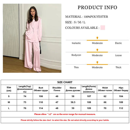 Clacive Fashion Loose Pink Satin Pants Sets For Women 2 Pieces Elegant Long Sleeve Shirt With High Waist Wide Trousers Suits.