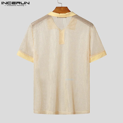 Men Short Sets Fashion Hollow Out INCERUN Two-piece Suits  Men's Sets Streetwear Short Sleeve Tops Shorts Men's Clothing Summer