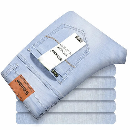 Brand Jeans 2025 Summer Business Jeans Men Light Blue Casual Straight Stretch Fashion Classic Work Denim Trousers Male Clothing.