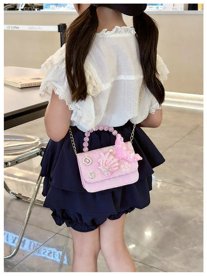 Lovely Sequin Girls Square Shoulder Bag Fish Tail Starfish Princess Crossbody Bags Bead Handle Children's Small Handbags Purse.
