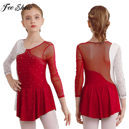 6-16Y Mädchen Eiskunstlauf Tanz Kleid Ballett Gymnastik Trikot Langarm Shiny Strass Sheer Mesh Leistung Dancewear.
