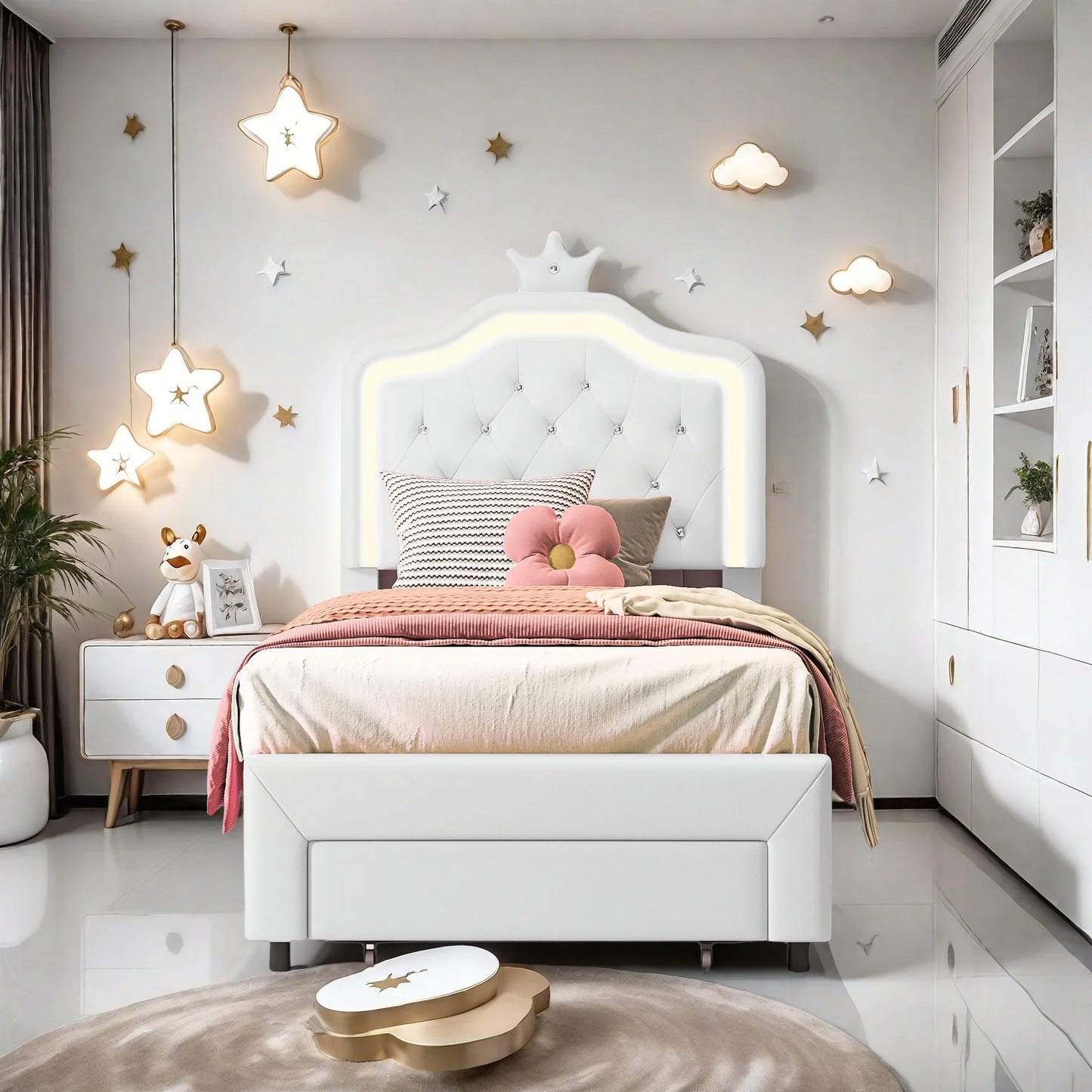 Rosahqnda Kinderbett, gepolsterter Bettrahmen, Krone, Kopfteil, Schubladenschrank, verstellbare Kopfteil-Lederoberfläche