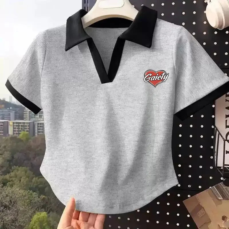 Color Block Polo Neck Short Sleeve T-Shirt Women's Fashion Summer Top plus Size Small Figure Friendly Cotton Blend T-Shirt