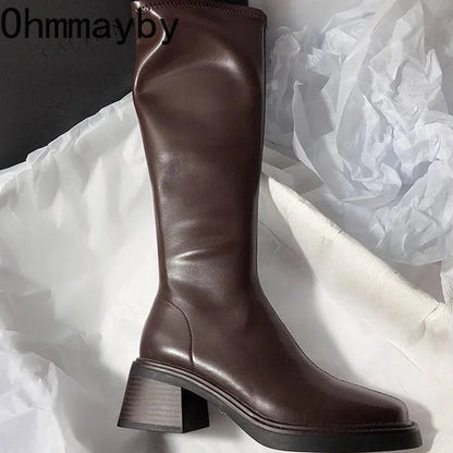Vintage Thick Heel Women Knee High Boots Fashion Side Zippers Shoes Autumn Winter Ladies Concise Long Botas De Mujer.