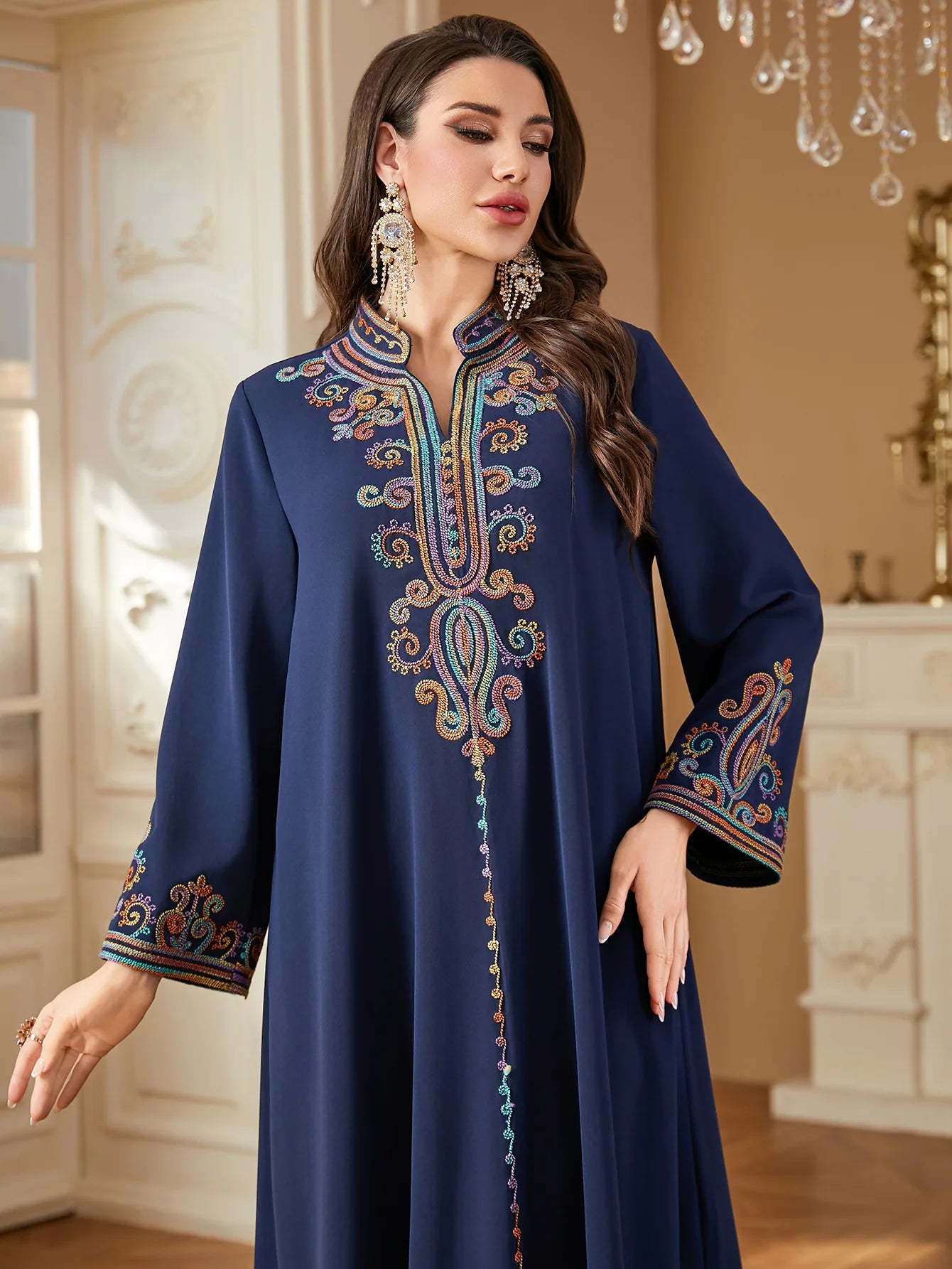 Dubai Muslim New Fashion Women's Embroidereid Long Sleeve V-neck Loose A-line Ankle Length Dresses Female Trendy Elegant Clothes.