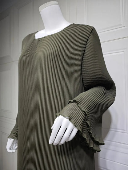 Eid muslimisches Kleid für Frauen Plissee Flare Ärmel Jalabiya Kaftan Islam Vestidos arabische lange Robe Ramadan Marokko Dubai Abayas