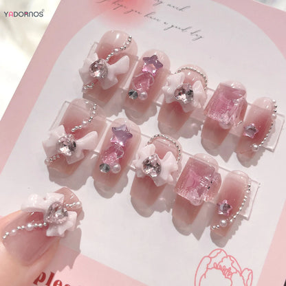 Blush Pink False Nails Bowknot Diamond Pearl 3D Design Press on Nail Tips with Harmless Smooth Edge Nails Woman DIY Fake Nails.