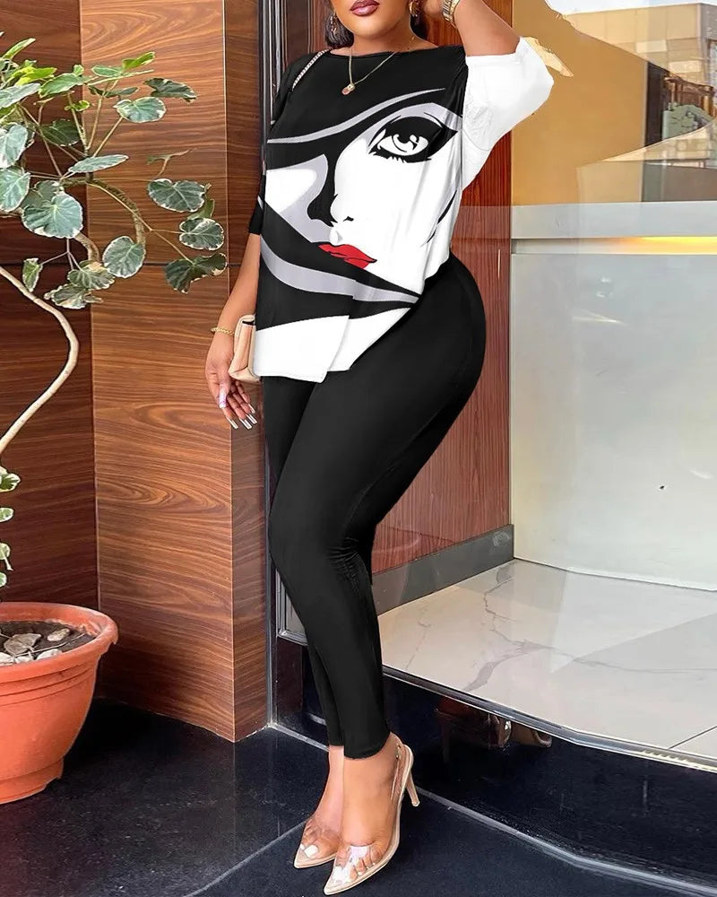 Autumn Women's Clothing New Fashion Print Sexy Backless Round Neck Five Quarter Sleeve Pants Two-piece Casual Comfortable Set.