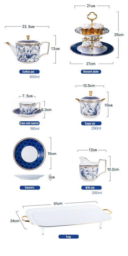 Elegant Cup and Saucer Set Bone China Sugar Jar Milk Jug Coffee Pot Set Cyan Magnolia Home English Mug Teaset Dessert Plate.