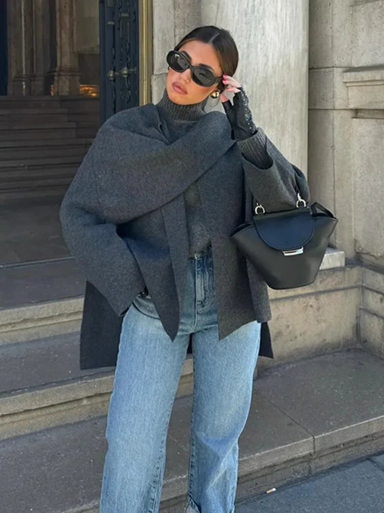 ZBZA Women's Asymmetric Scarf Knitted Jacket O-neck Single Button Side Slit Solid Loose Coat Winter New Female Chic Outerwear.