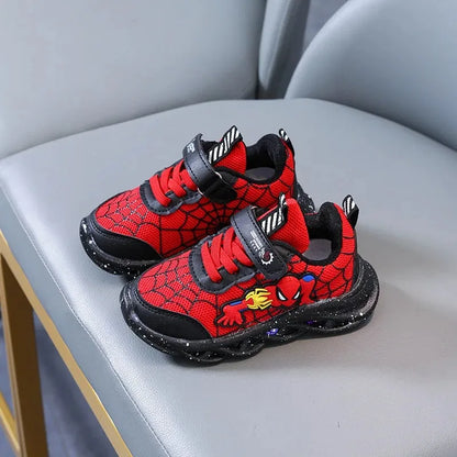 Disney LED Casual Sneakers Red Black For Spring Boys Spiderman Mesh Outdoor Shoes Children Lighted Non-slip Shoes Size 21-30.