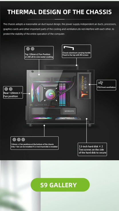 METALFISH S9 MATX Computer Case Gaming PC Chassis Support MATX/ITX/ATX PSU/240 Liquid Cooler/360mm GPU.