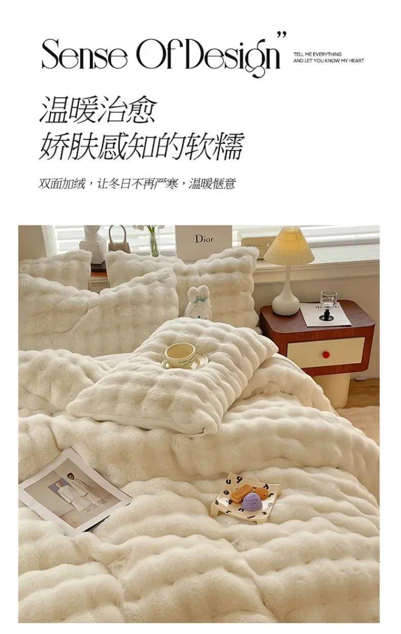 4pcs Grey Rabbit Fur Bedding Set Thick Milk Plush Winter Duvet Cover Warm Bed Sheets, Queen Size Four Piece Set  Bedroom Decor.