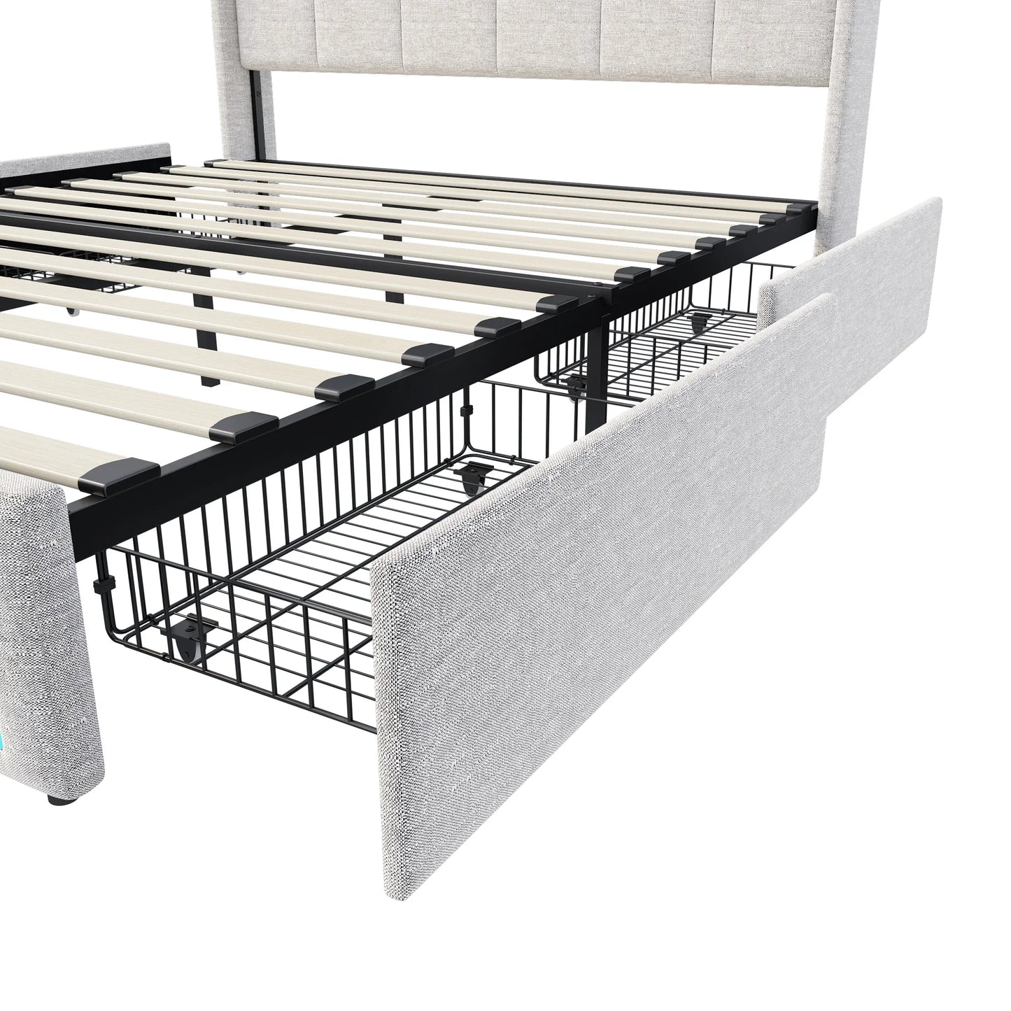 Lazyspace Bettgestell aus Leinen mit Stauraum, gepolstertes Bett mit 4 Schubladen, LED-Licht und USB-Aufladung vom Typ C, Schlafzimmermöbel