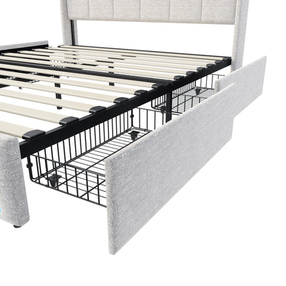 Lazyspace Bettgestell aus Leinen mit Stauraum, gepolstertes Bett mit 4 Schubladen, LED-Licht und USB-Aufladung vom Typ C, Schlafzimmermöbel