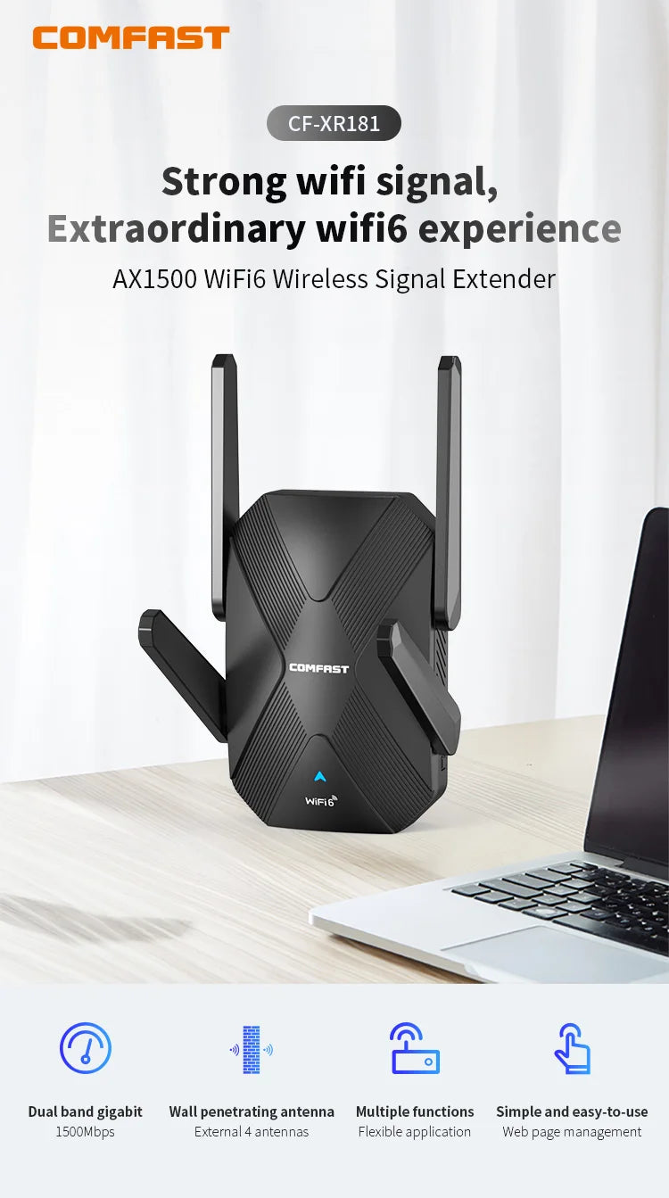 COMFAST 1500Mbps WiFi6 Repeater WIFI Extenders WiFi Router Signal Booster AX1500 2.4G 5.8G Wifi6 Long Range Amplifier 100M RJ45.