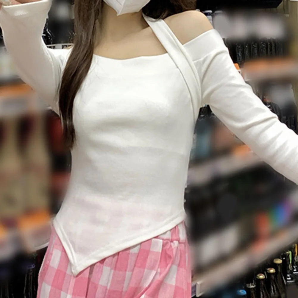Female One Shoulder Long Sleeve Slim Fit Solid Color Top Suitable for Club Vacation Holiday and Daily Wear Across Seasons.