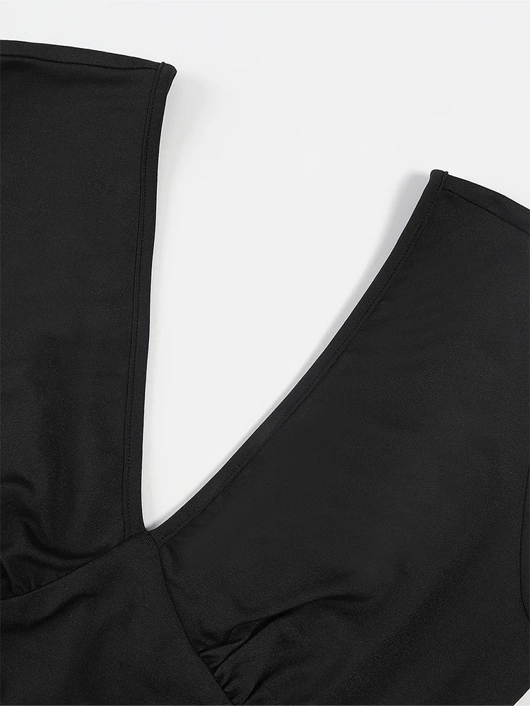 Schwarz Plissee Big Flare Overall Langarm V-ausschnitt Dünne Overall Hosen Frauen Sexy Schlanke Rückenfreie Langarm Hosen.