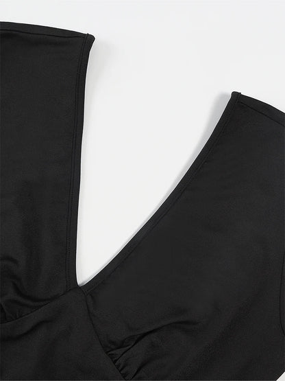 Schwarz Plissee Big Flare Overall Langarm V-ausschnitt Dünne Overall Hosen Frauen Sexy Schlanke Rückenfreie Langarm Hosen.