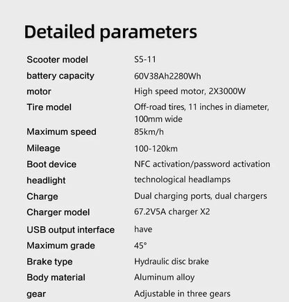 BOYUEDA S5 Electric Scooter 6000W Dual Motor 60V38Ah NFC Activation Scooters Electric 11" Off-Road Tire Bluetooth Connectivity.