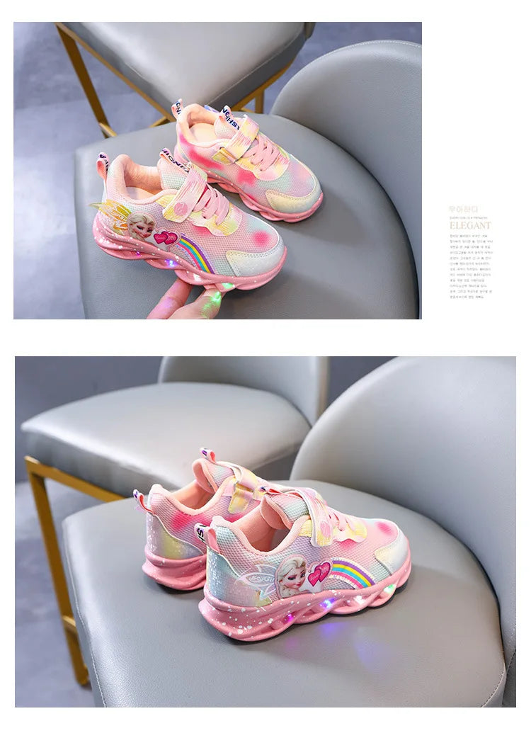 Disney Casual Sneakers LED Lighted For Spring Girls Frozen Elsa Princess Rainbow Outdoor Children Non-slip Pink Purple Shoes.