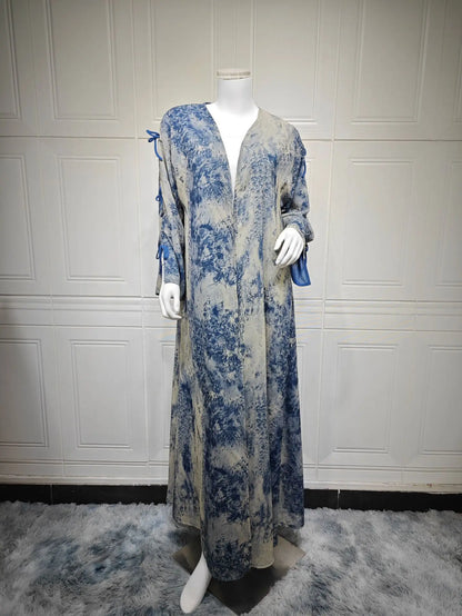 Ramadan Eid Tie Dye Butterfly Bow Muslim Modest Kimono Abaya Damen Dubai Luxury Islam Women Kebaya With Hijab Kaftan Robe Femme