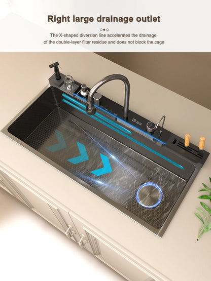 Küchenspüle, Wasserfall-Waschbecken aus Edelstahl, extra großer Einzelschlitz mit Digitalanzeige, Wasserhahn-Set für die Küche