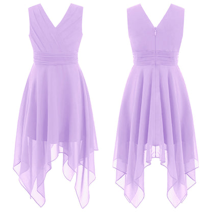 Blumenmädchen-Chiffonkleid mit floraler Spitze, Sommer, ärmellos, hoher, niedriger Saum, formelles Hochzeitskleid für Brautjungfer, Junior, Prinzessin