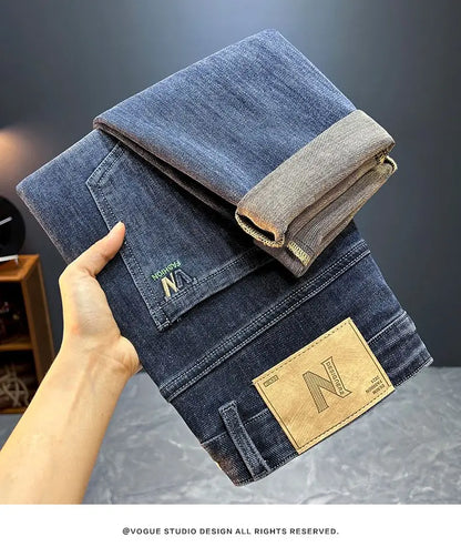Men's Slim Straight Jeans Fashion Korean Autumn Trousers Comfortable Elastic Black Blue Fitted Business Casual Denim Pants.