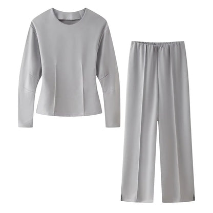 2025 Spring New Women's Two Piece Pant Set Fashion Long Sleeve O-neck Pleated Top Double-Sided Fabric Office Top Casual Pants.