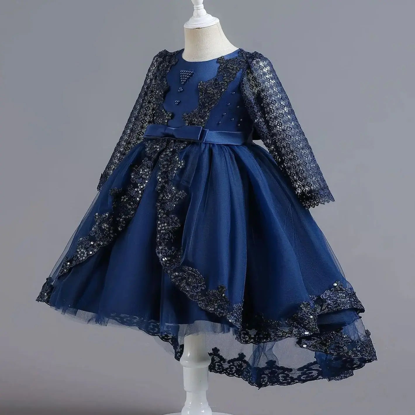 Party-Tüll-Kleider für Mädchen, langärmelig, Spitze, Perlen, nachgestelltes Prinzessinnenkleid für Kinder, Hochzeit, Geburtstag, Performance, Abendkleid.