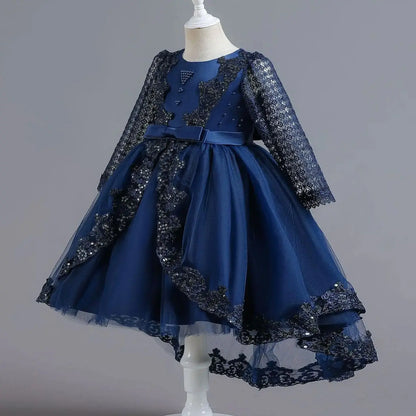 Party-Tüll-Kleider für Mädchen, langärmelig, Spitze, Perlen, nachgestelltes Prinzessinnenkleid für Kinder, Hochzeit, Geburtstag, Performance, Abendkleid.