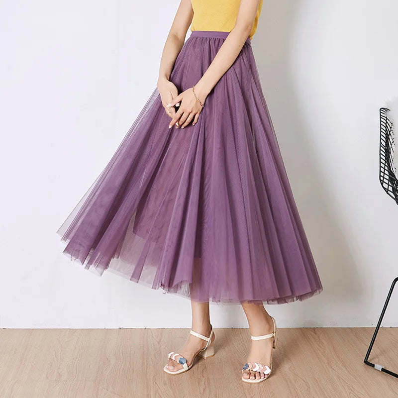 OHRYIYIE Beige Maxi Long Skirt Spring Autumn Womens 2025 New Summer Tulle Skirt Party Mesh A-line Skirts Female Jupe Longue.