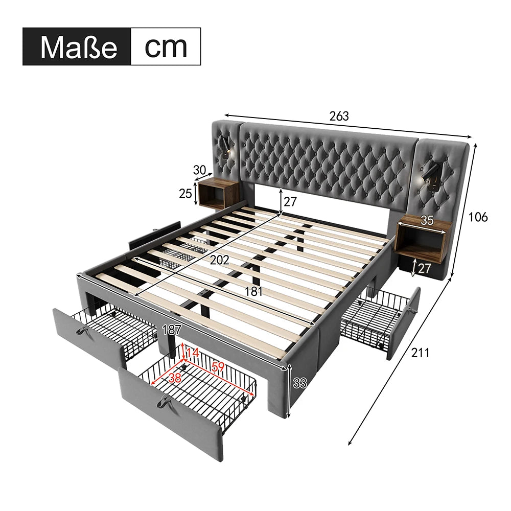 KOMHTOM Polsterbett mit 2 Nachttischen und 4 Schubladen, Kopfteil Leselicht mit USB-Ladefunktion, Samt (Ohne Matratze)