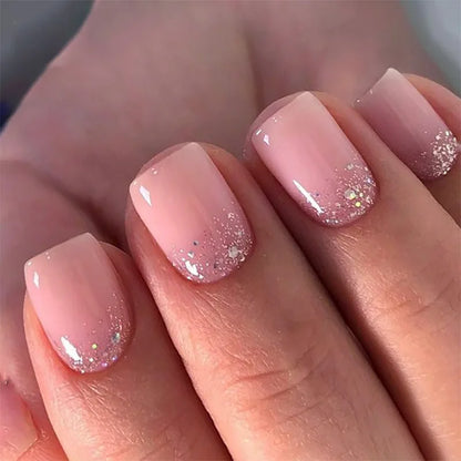 24Pcs Short False Nails with Shimmery Powder Ballet Nail Art Full Cover French Sheer Wearable Nail Manicure Tips for Girls Daily.