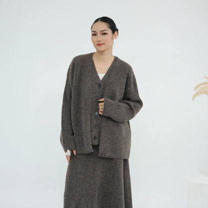 Winter Knitted Wool Cotton 3 Piece Abaya Set + Hijab Daily Thick Warm Modest Muslim Women Islamic Wholesale Suit Abaya.