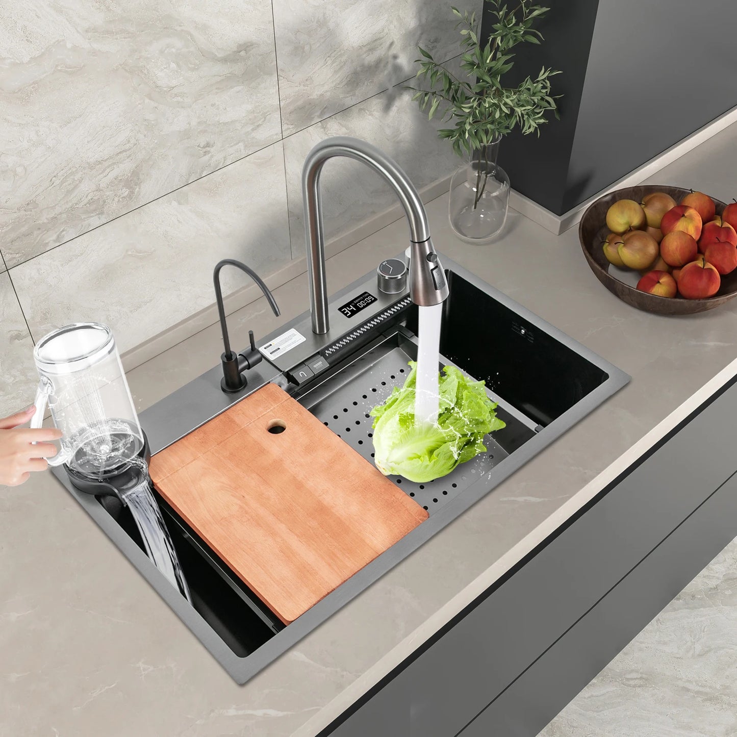 30"*18" Digital Display Waterfall Sink,Multifunctional Workstation Kitchen Sink,Kitchen Sink with Pull-Out Faucet