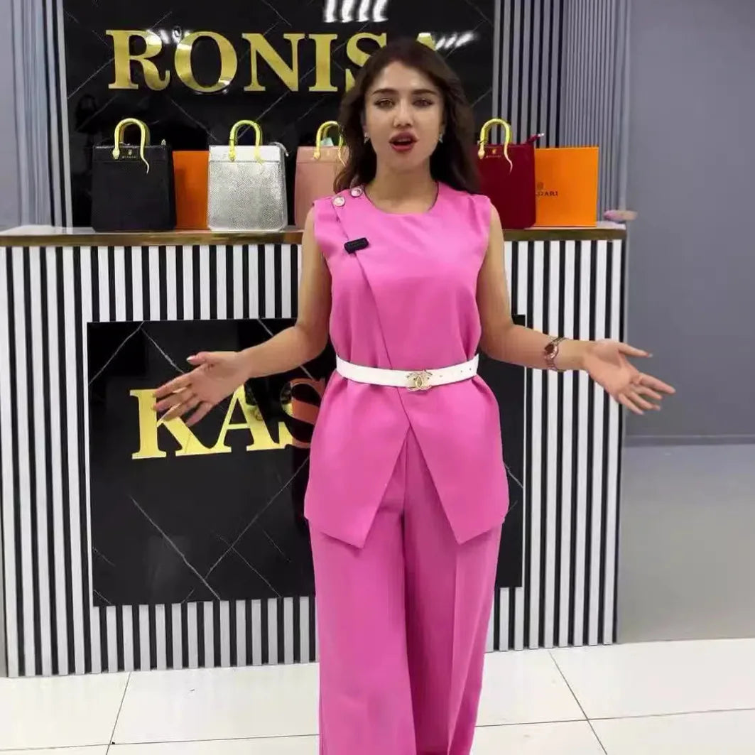 Women Women Piece Set High Waist Pocket Pant Sets Tops Solid Sleeveless Spliced Elegant Round Neck Top Suits Office Lady.