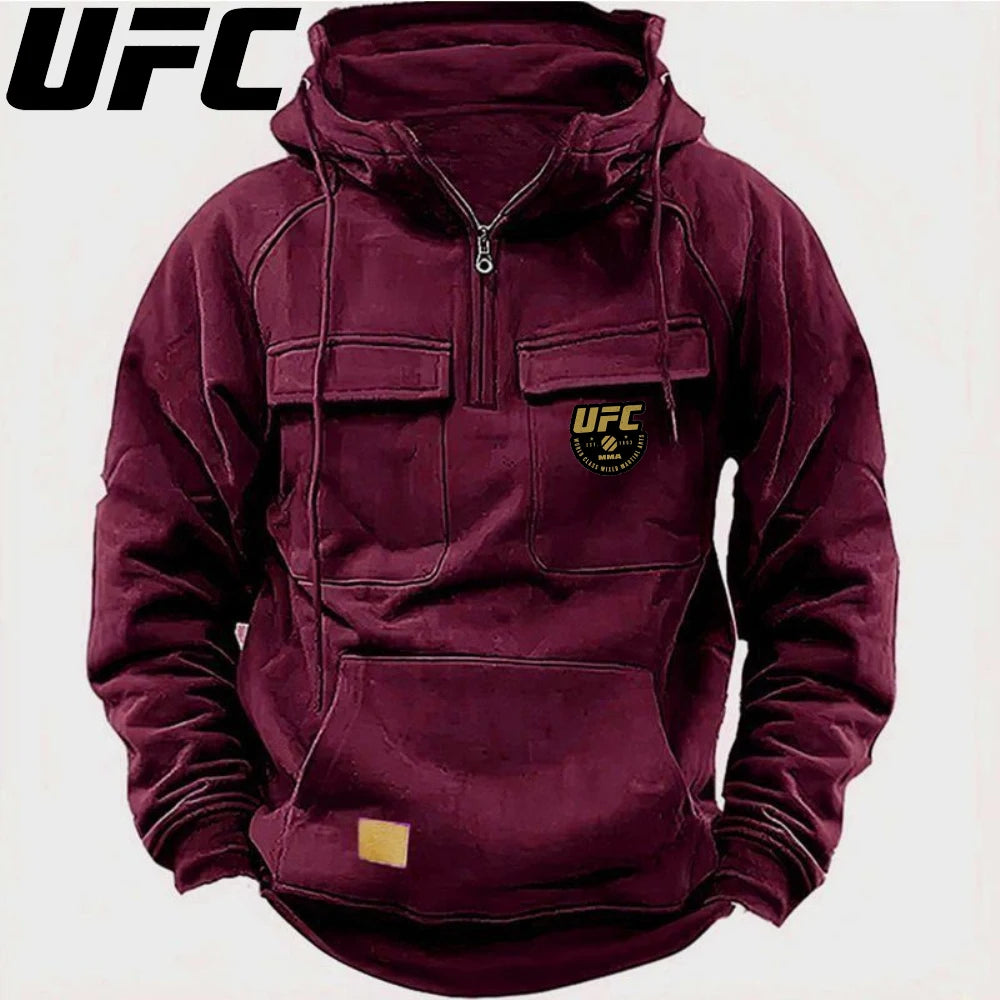 UFC Autumn Winter Men's Hooded Solid Hoodies Sweatshirts Sports Outdoor Casual Hoodie Coat Jackets Multi Pockets Male Zipper.