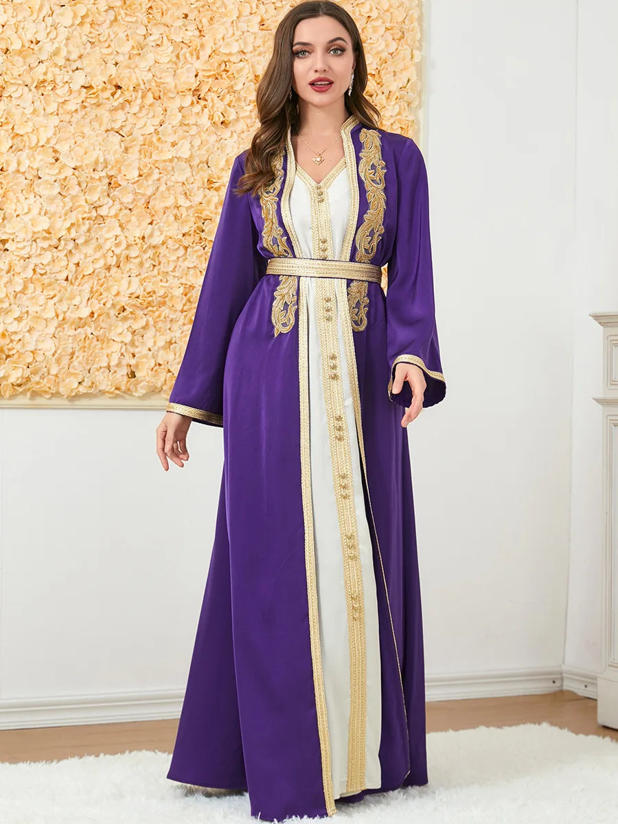Maßgeschneiderte muslimische Sets, elegante muslimische Frauen, Sommer, langärmelig, V-Ausschnitt, Polyester, lila, 2-teiliges Kleid, Mantel, passende Sets, Muslim