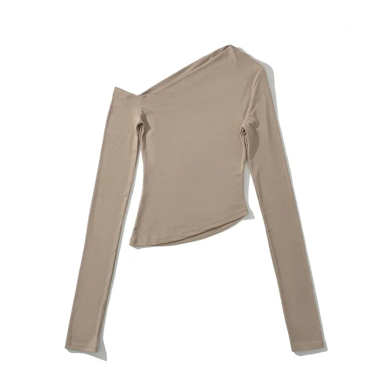 Slim Fit Long Sleeve T-Shirt Irregular Hem Slant Collar Pleated Pure Desirable Sexy Top for Women Fashionable Autumn New Style.