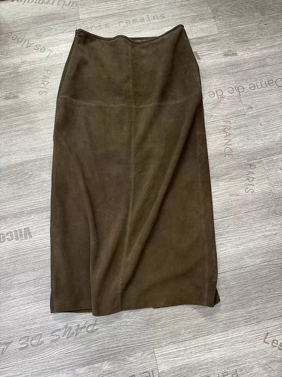 Retro High Grade Suede Real Leather Long Skirt 80cm For Women Upgraded Imported  Jupe Back Split Waist Loop Faldas Ankle-Length