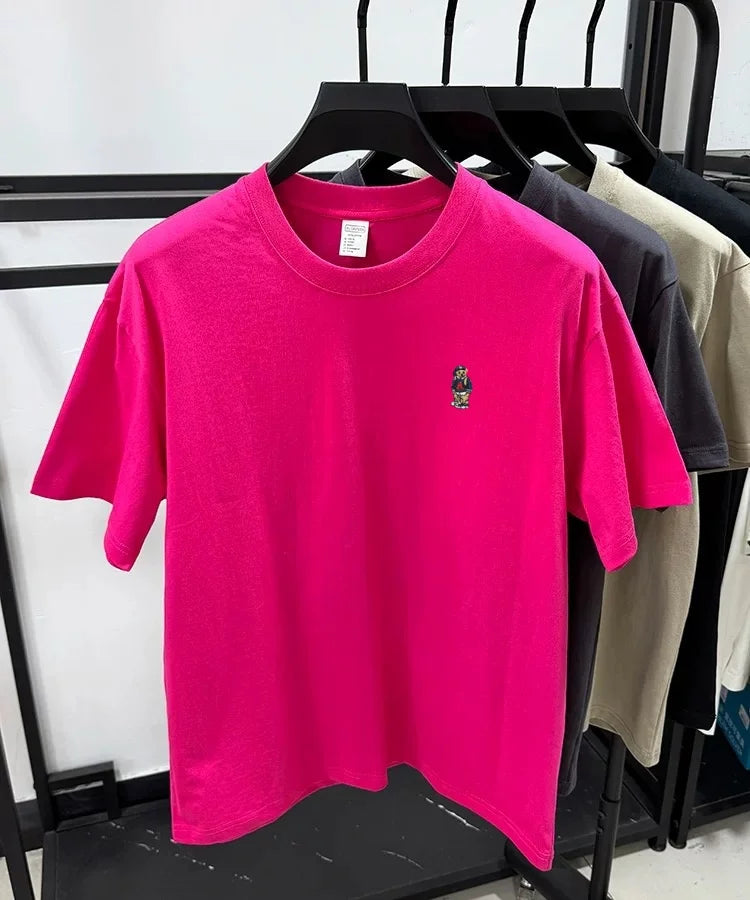 Light luxury 100% cotton men's T-shirt short sleeve round neck skin friendly comfort fashion brand cartoon bear embroidered top.